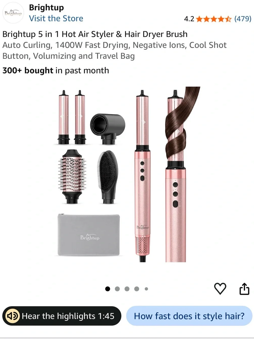 Brightup Rose Gold Multi-Function Hot Air Styler with Brush Attachments like new